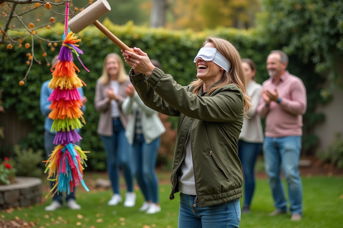 Femme adulte jouant à la piñata lors d'un anniversaire en plein air dans un jardin