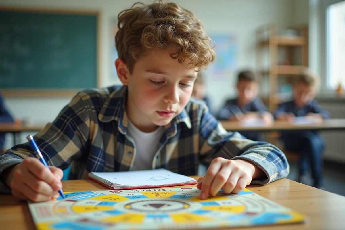 Adolescent concentré comptant les cases du jeu Trivial Pursuit en classe