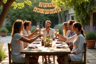 Groupe d'adultes fêtant un anniversaire en extérieur autour d'une table en bois avec décoration rustique