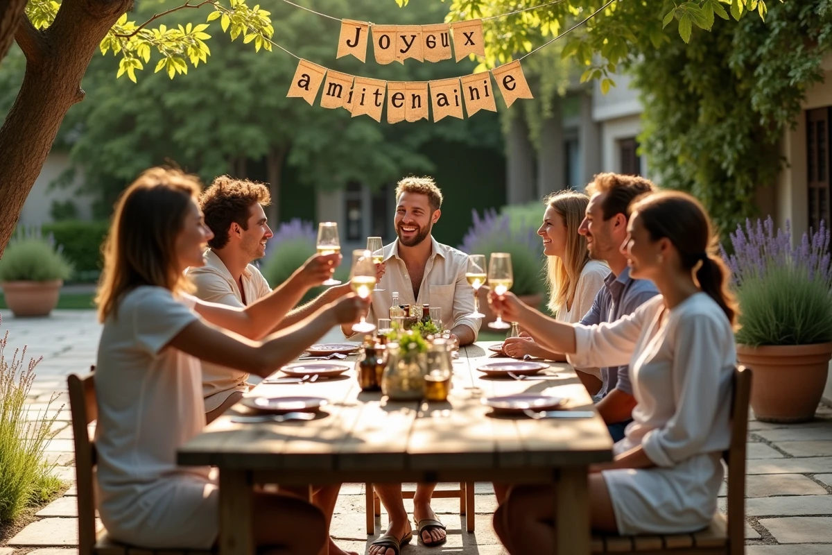 Groupe d'adultes fêtant un anniversaire en extérieur autour d'une table en bois avec décoration rustique