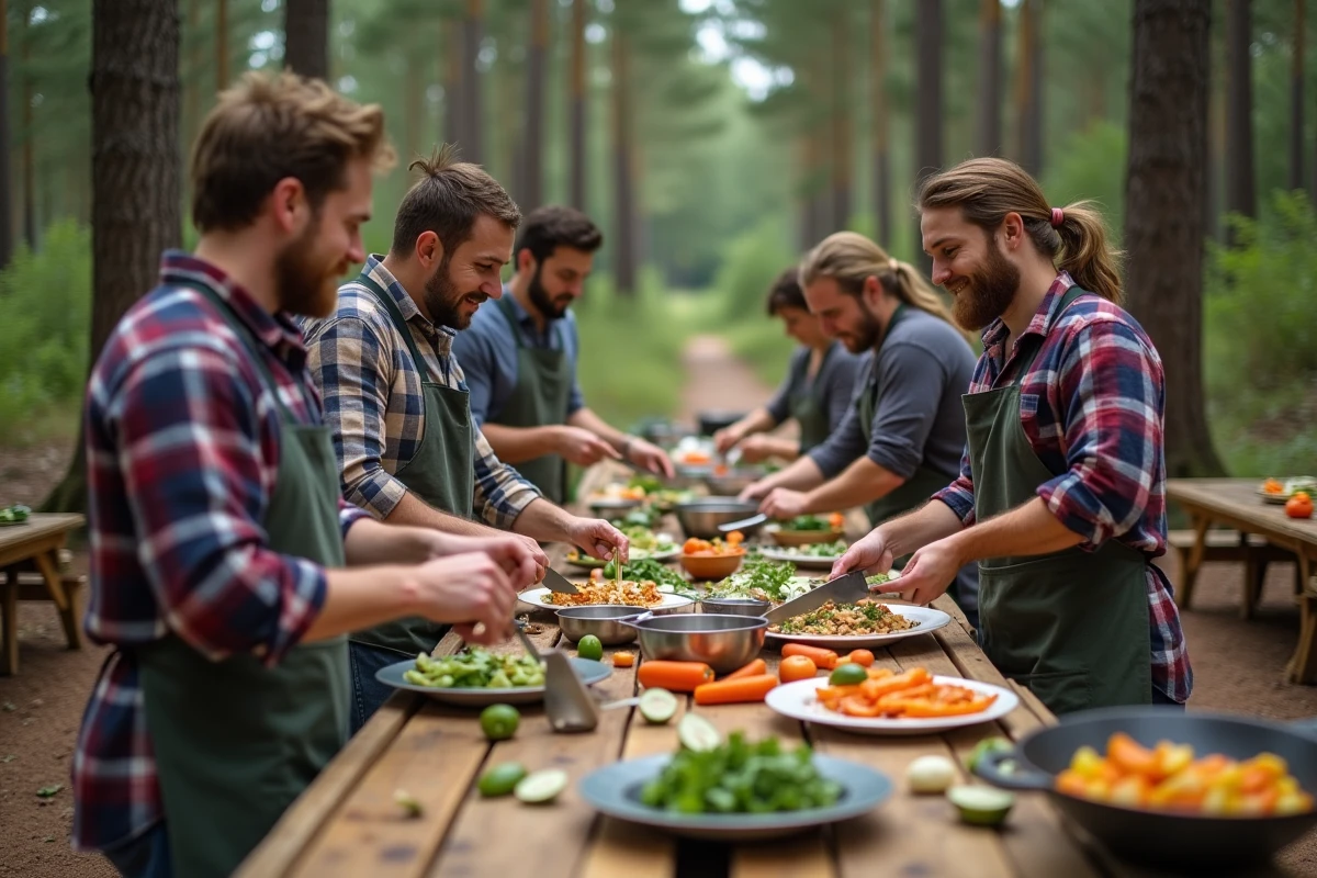 Atelier cuisine en plein air pour un anniversaire adulte dans une clairière en forêt