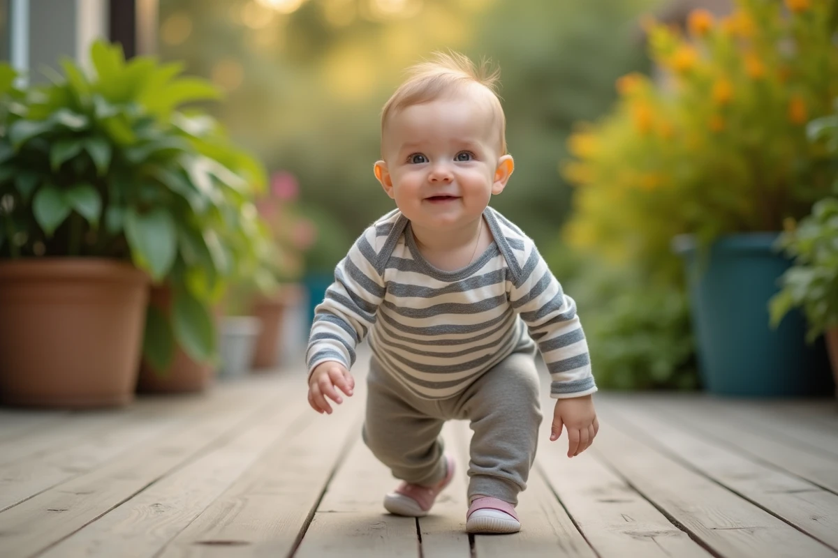 Bebe garcon de 8 mois en crawling sur une terrasse en jardin