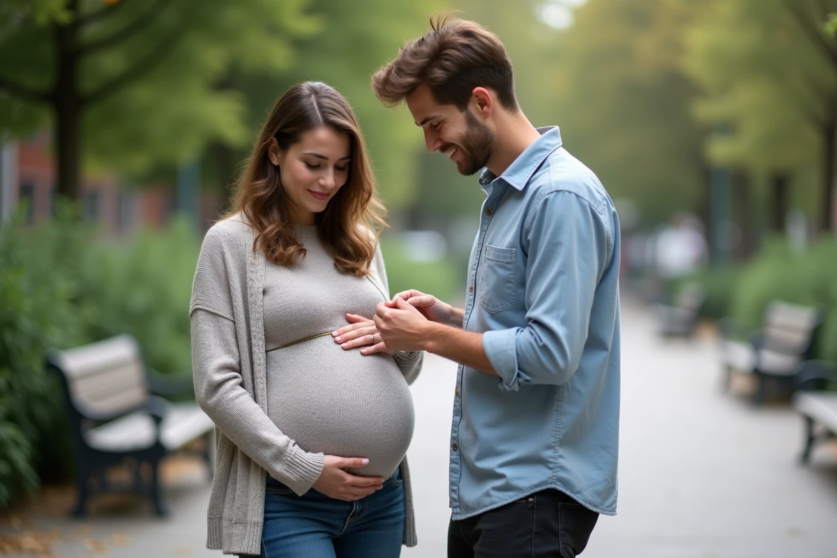 Couple en extérieur avec bola de grossesse dans un parc urbain