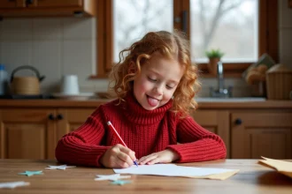 Petite fille écrivant une lettre au Père Noël à la table de cuisine en hiver