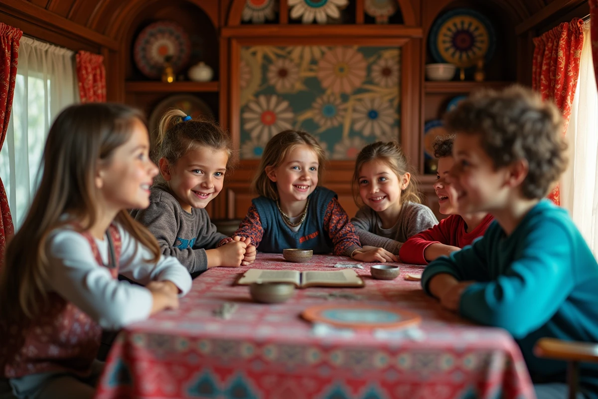 Groupe d enfants romani racontant une histoire dans une caravane