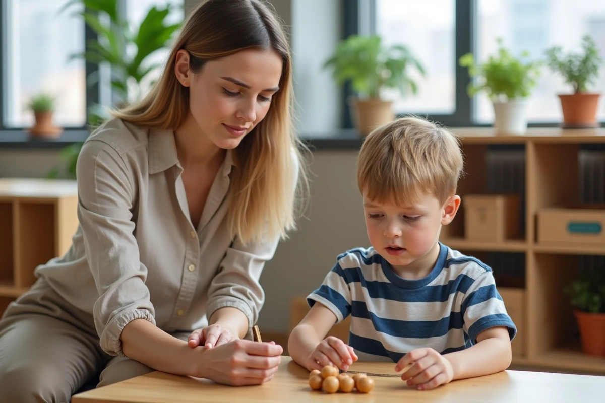 Enseignante aidant un enfant frustré en classe Montessori