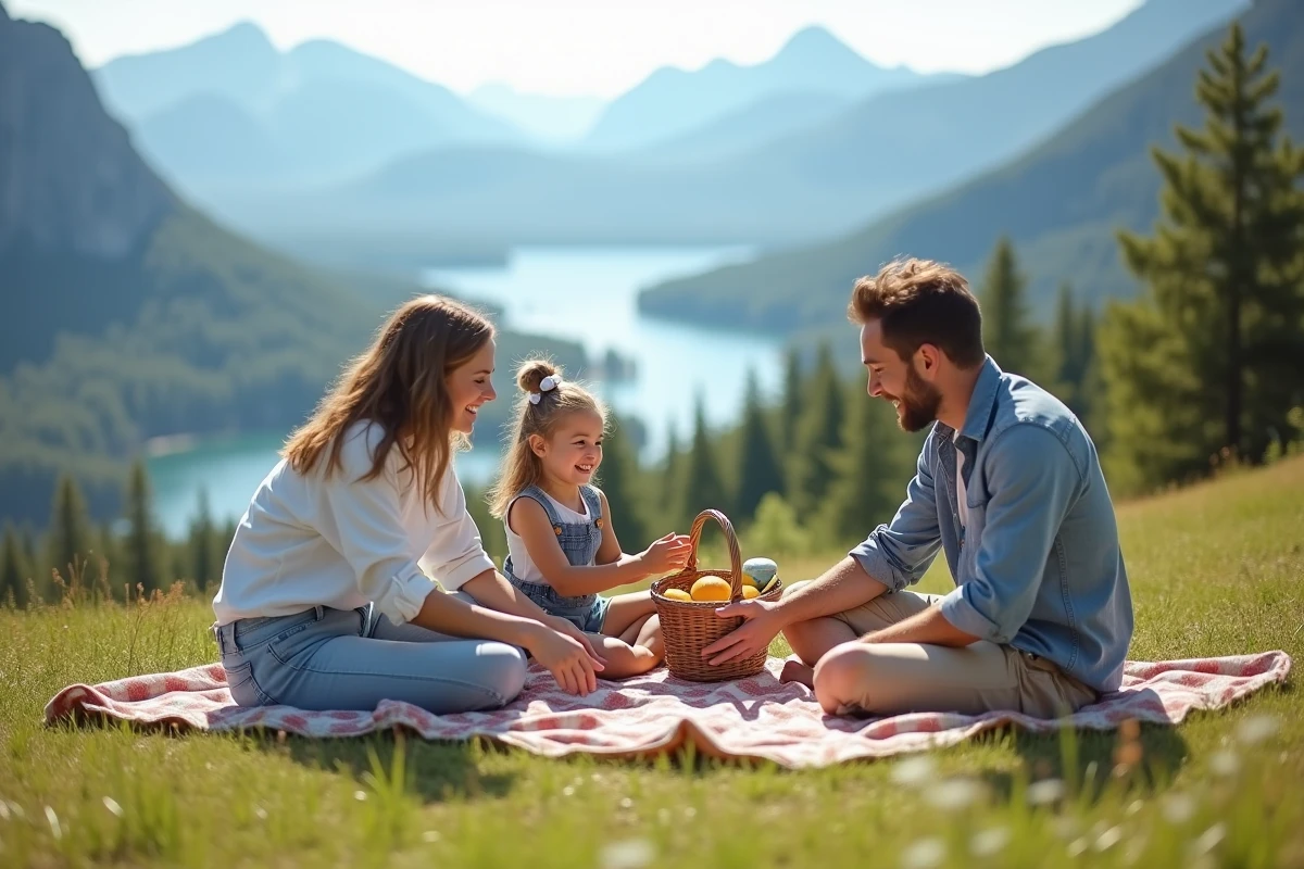 Famille faisant un pique-nique dans un parc naturel