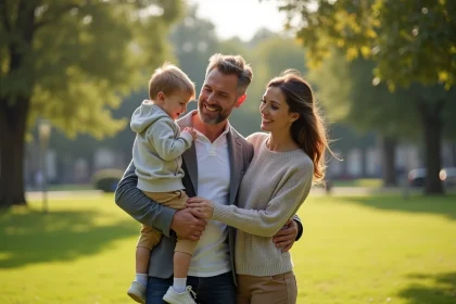 Famille heureuse dans un parc urbain ensoleille