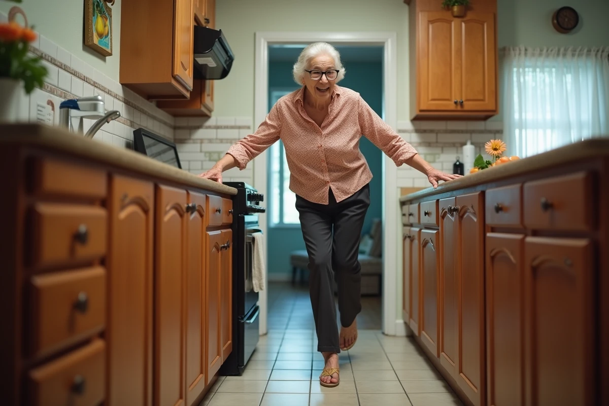 Femme âgée glissant dans la cuisine en se rattrapant