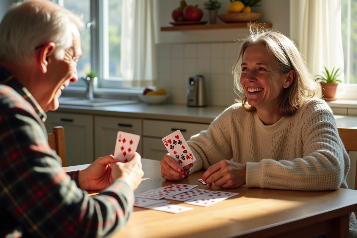 Une femme et un homme âgé jouent aux cartes à la table de cuisine