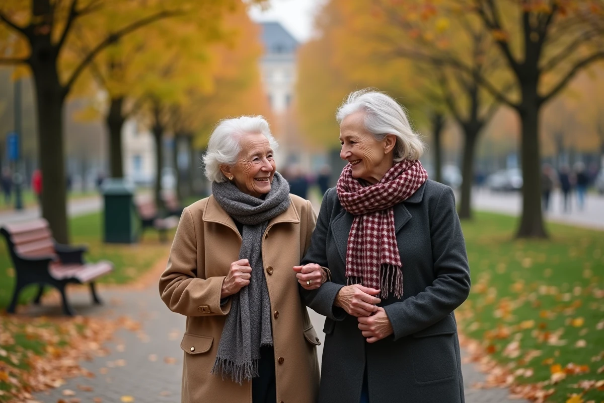 Femme âgée et fille marchant dans un parc en automne