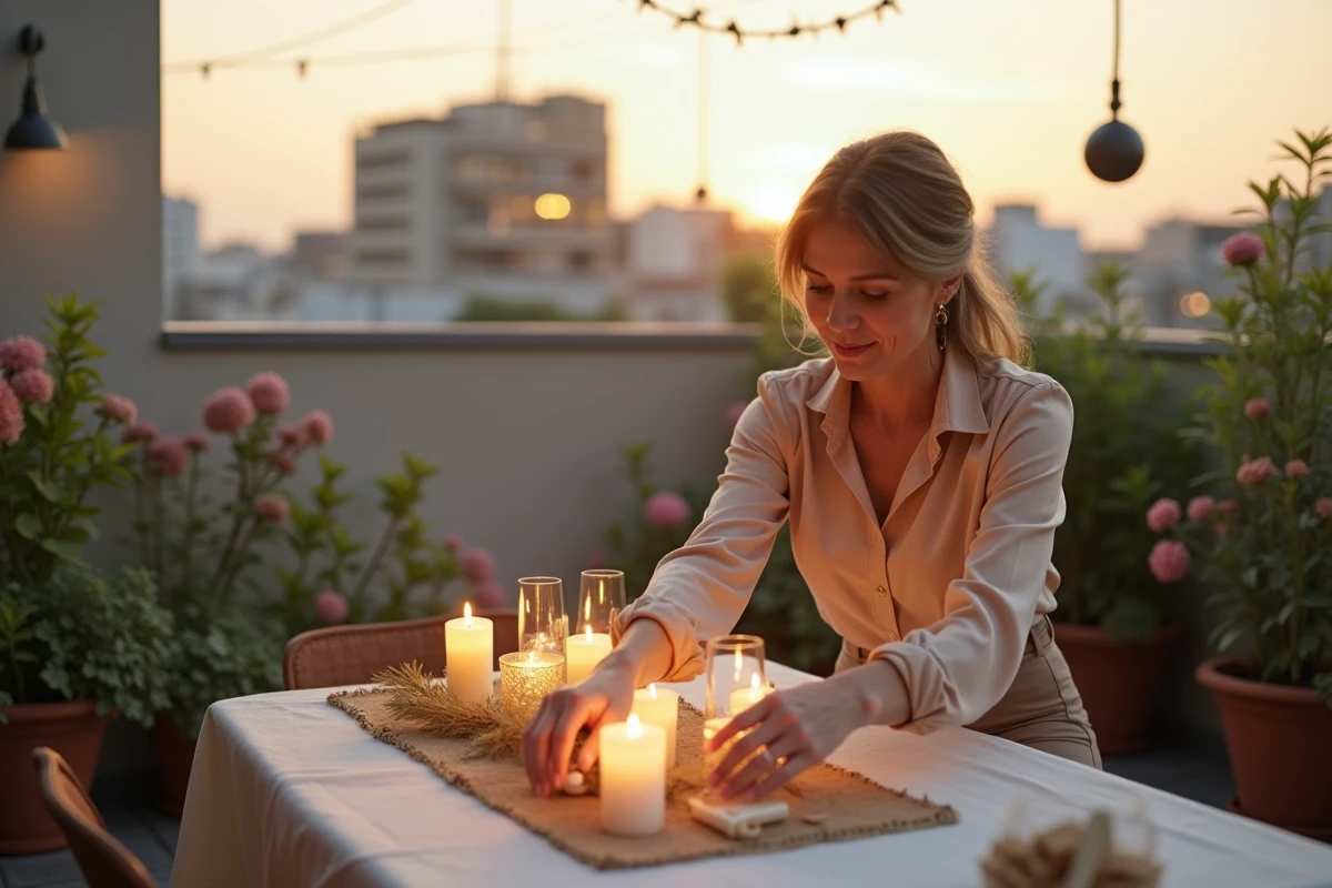 Femme arrangeant des bougies sur une table extérieure
