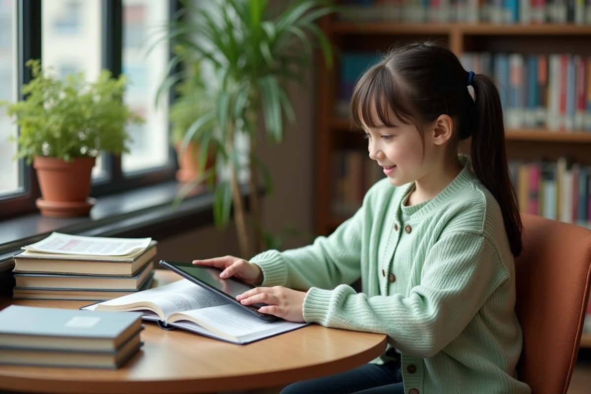 Jeune fille lisant avec une tablette dans une bibliothèque