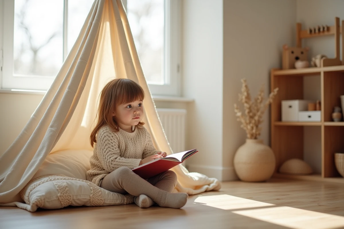 Jeune fille de 4 ans lisant un livre dans sa chambre Montessori