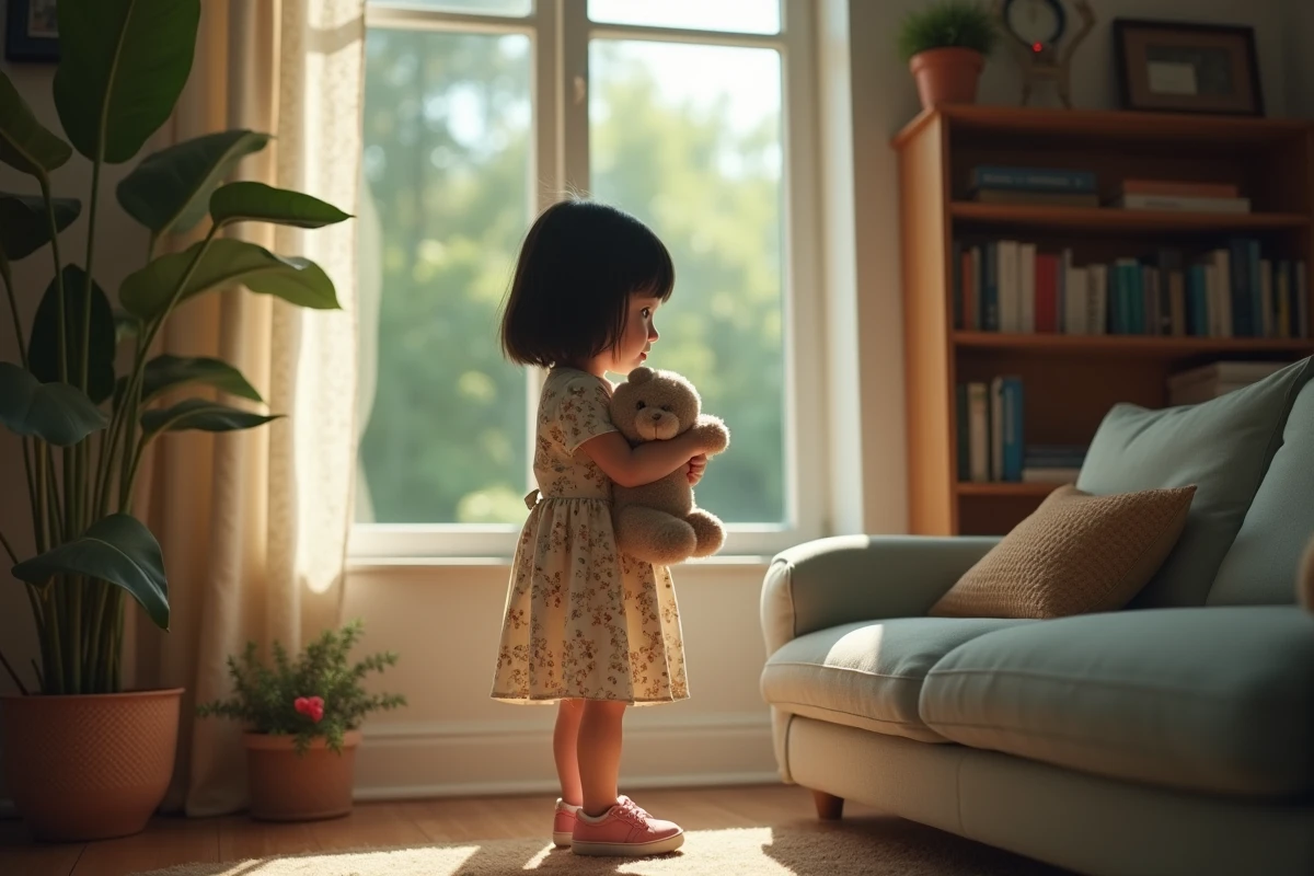 Fille de 10 ans regardant par la fenêtre dans un salon