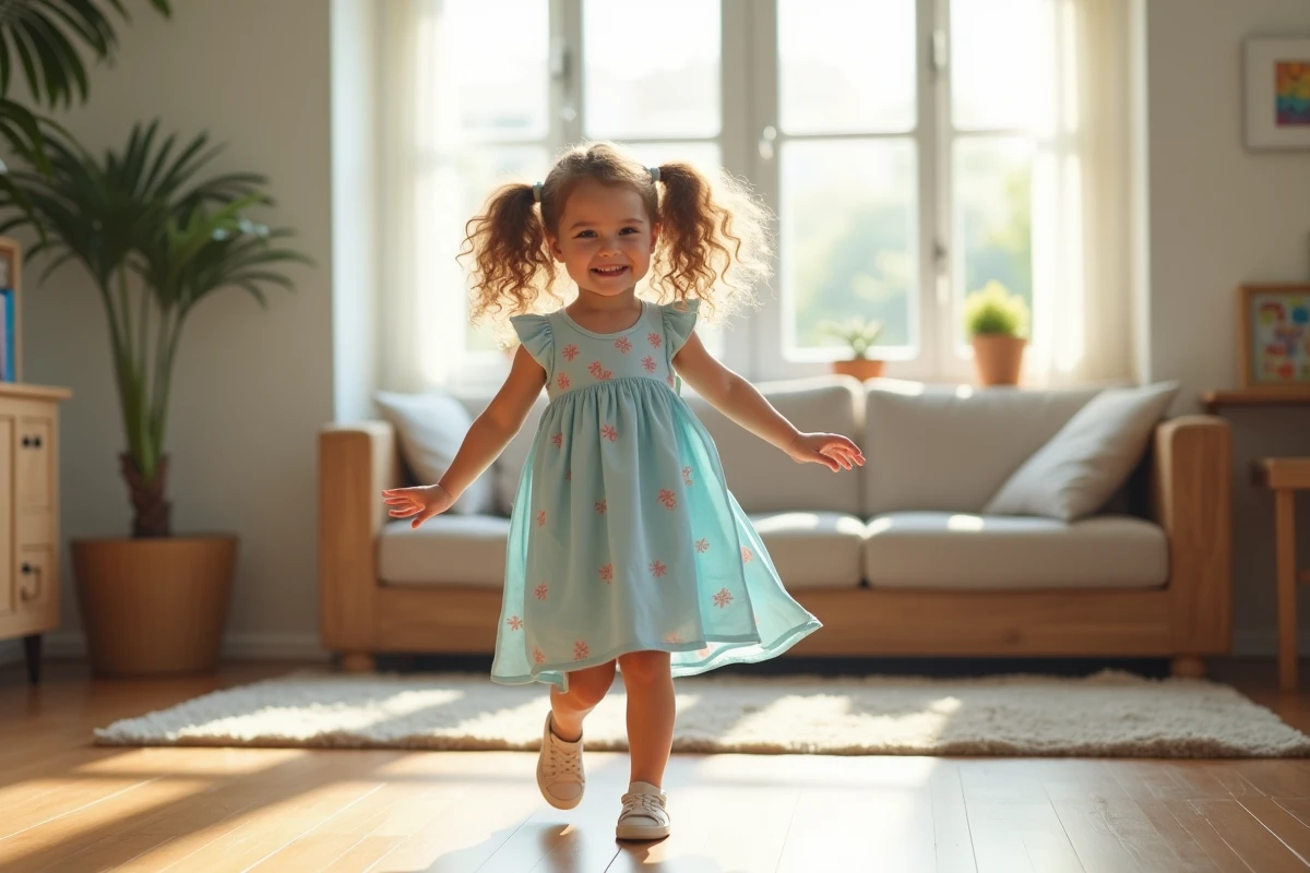 Fille de 6 ans tourne dans un salon lumineux