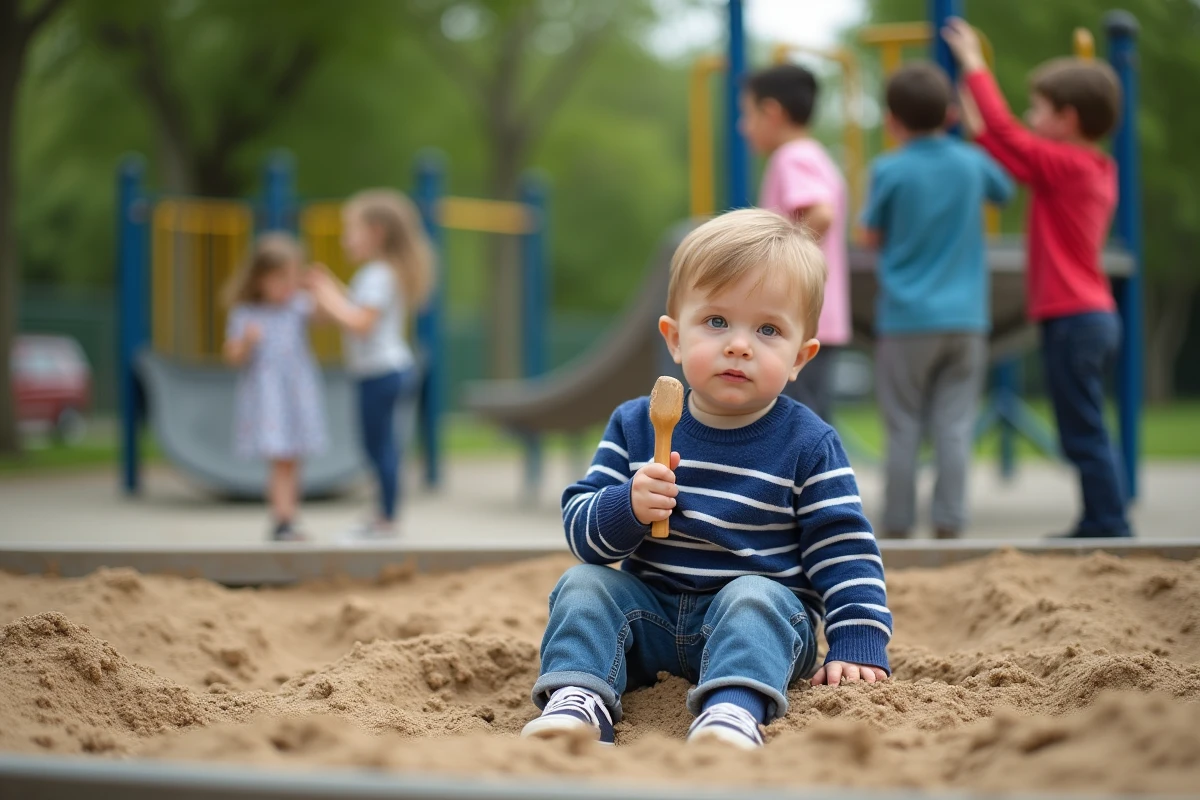 Jeune garçon dans un bac à sable avec pelle dans un parc