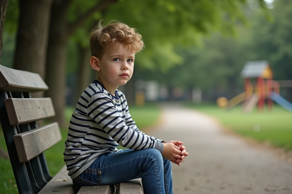 Garçon assis seul sur un banc de parc avec expression pensive