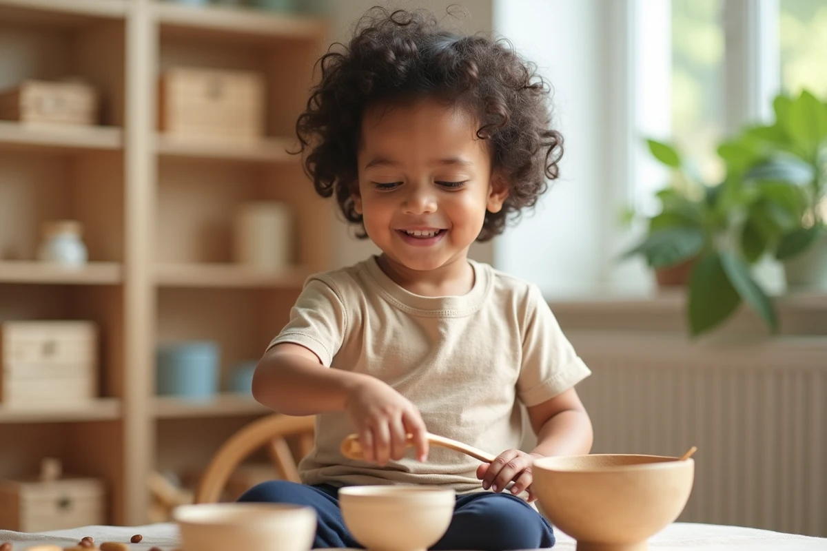 Garçon transférant des lentilles dans une salle de jeux Montessori