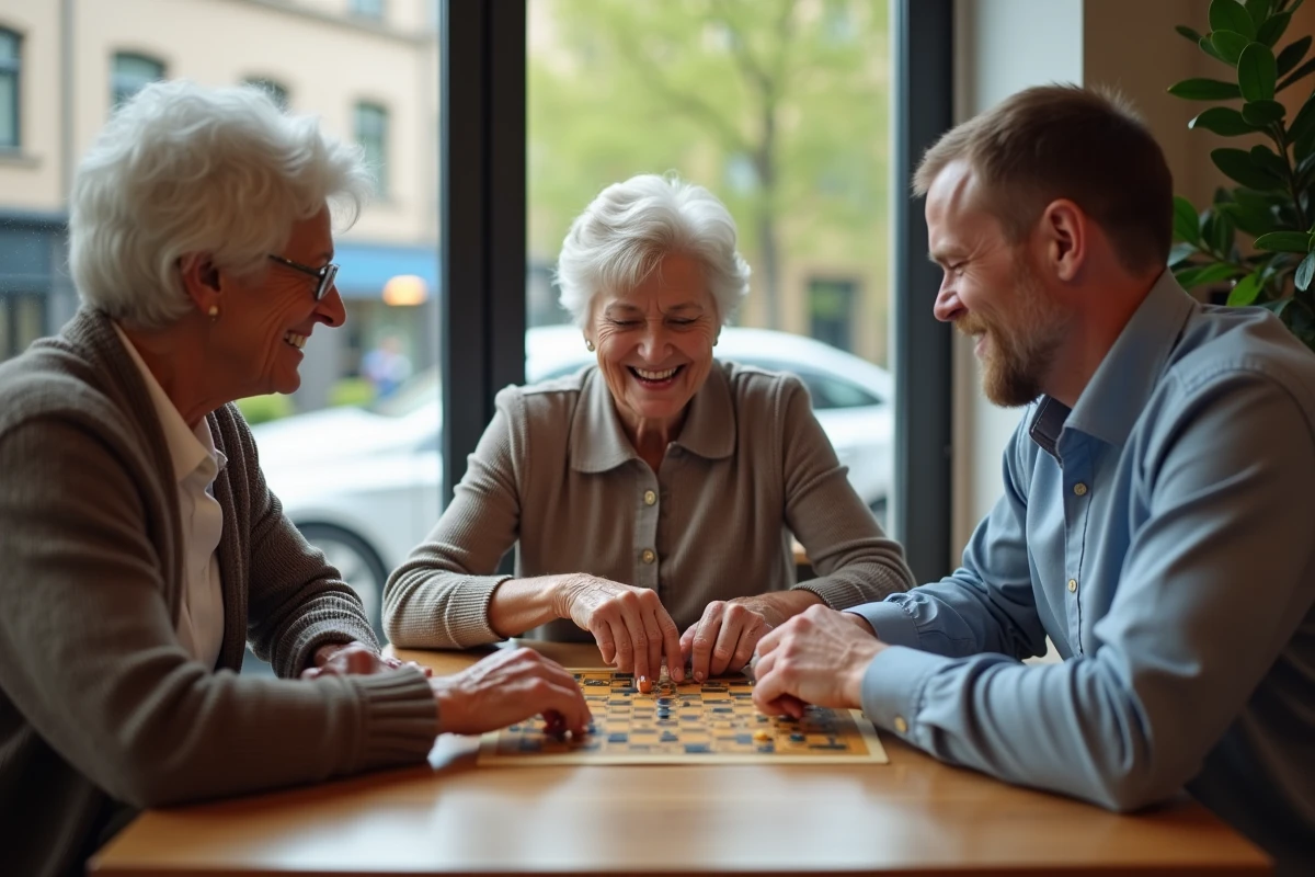 Deux femmes âgées et un jeune homme jouent à un jeu de société dans un café lumineux