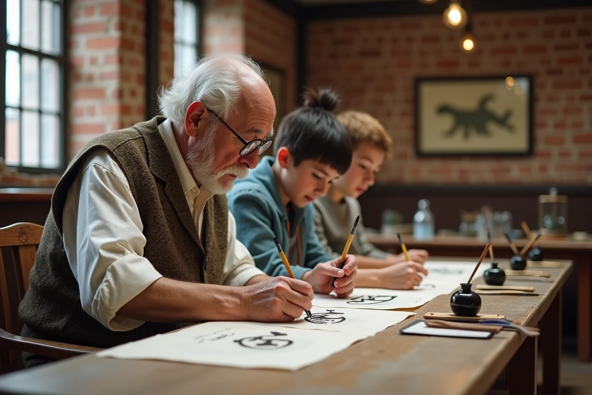 Homme montrant la calligraphie à deux adolescents dans un centre artistique