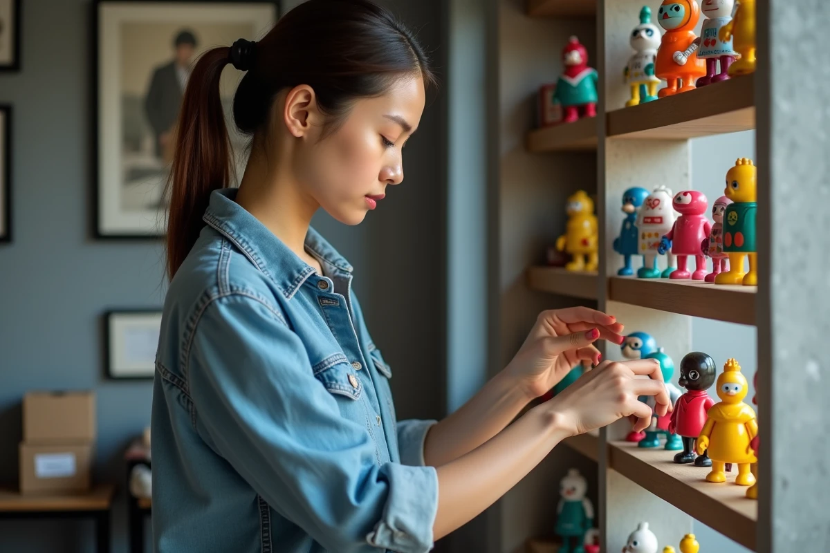 Jeune femme arrangeant des figurines vintage dans un appartement moderne