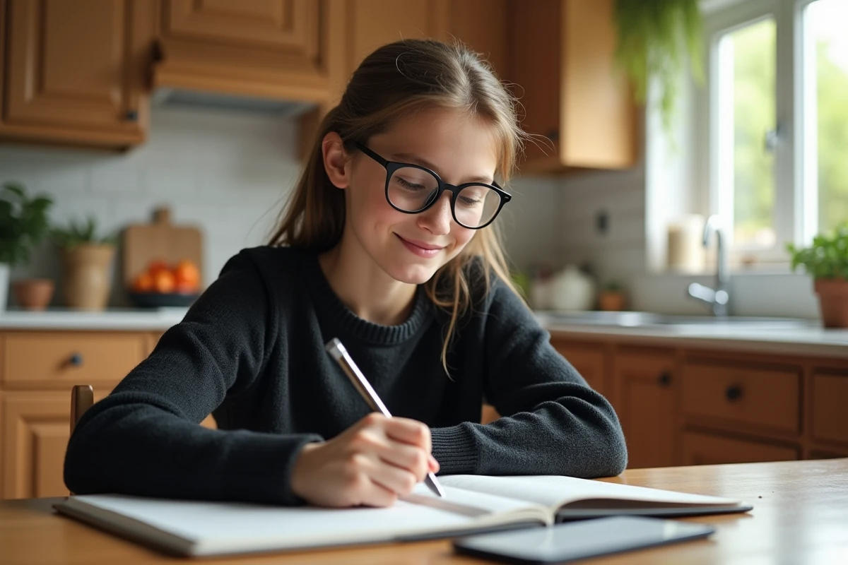 Jeune fille souriante prenant des notes dans la cuisine lumineuse