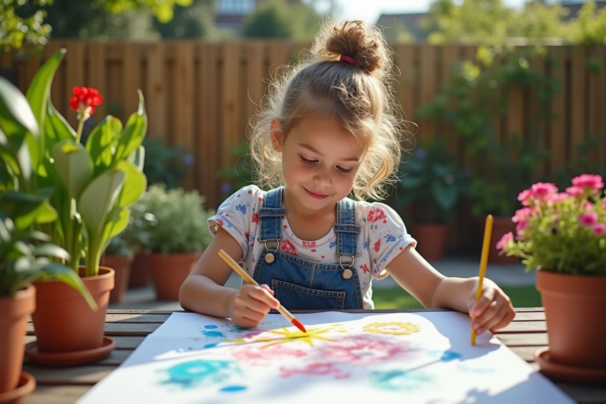Jeune fille peignant en extérieur sur une terrasse ensoleillée