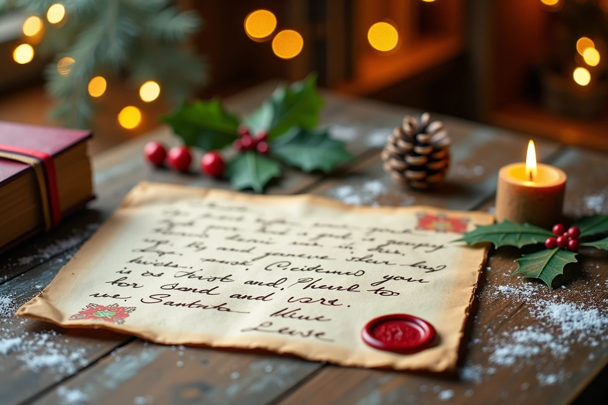 Lettre au Père Noël imprimée avec cachet de cire rouge et décorations de Noël sur bureau en bois