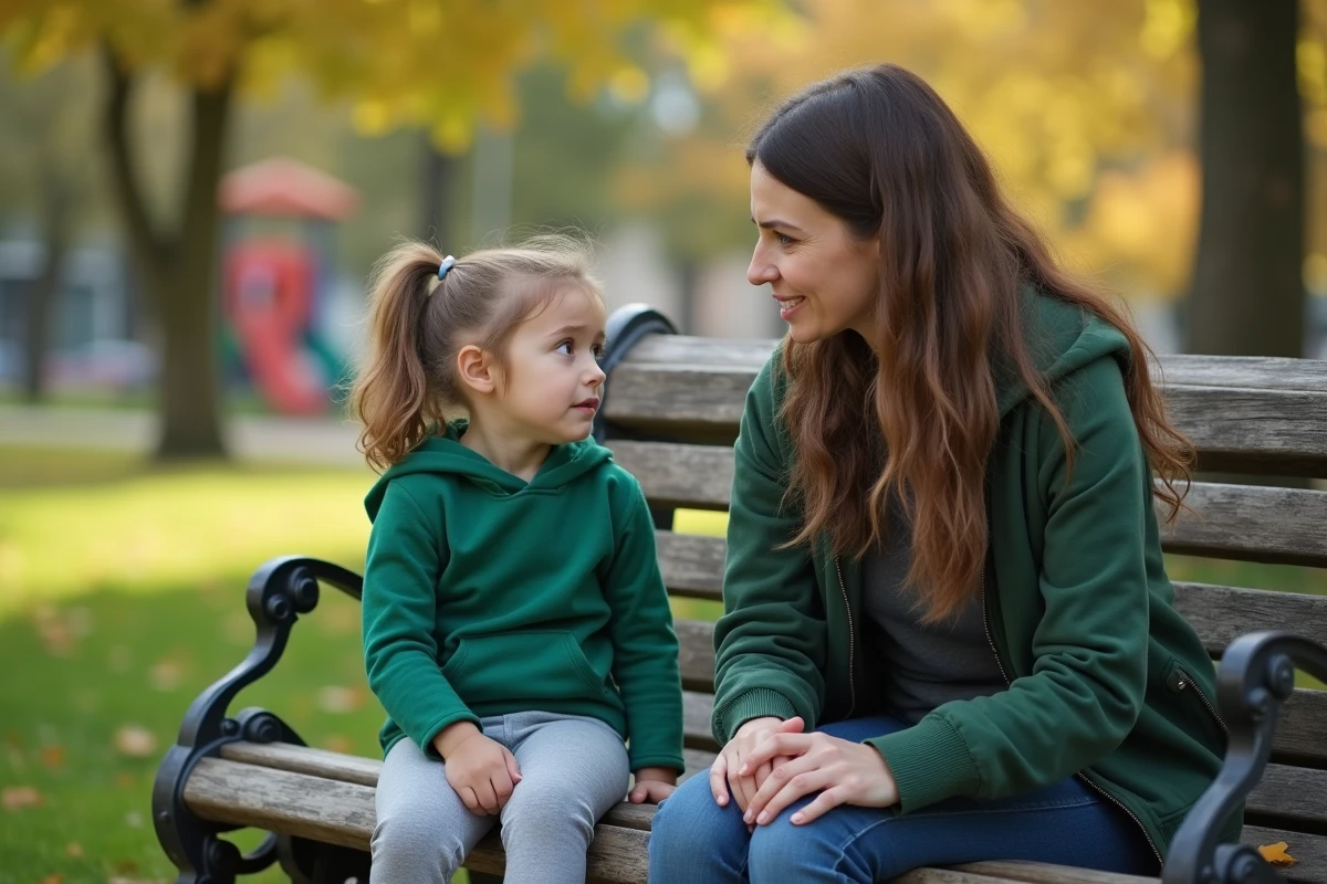 Maman calme parlant à sa fille dans un parc