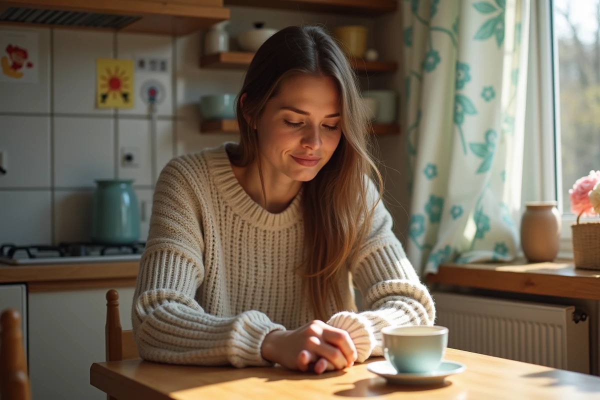 Jeune maman assise à la table de cuisine contemplant sa tasse