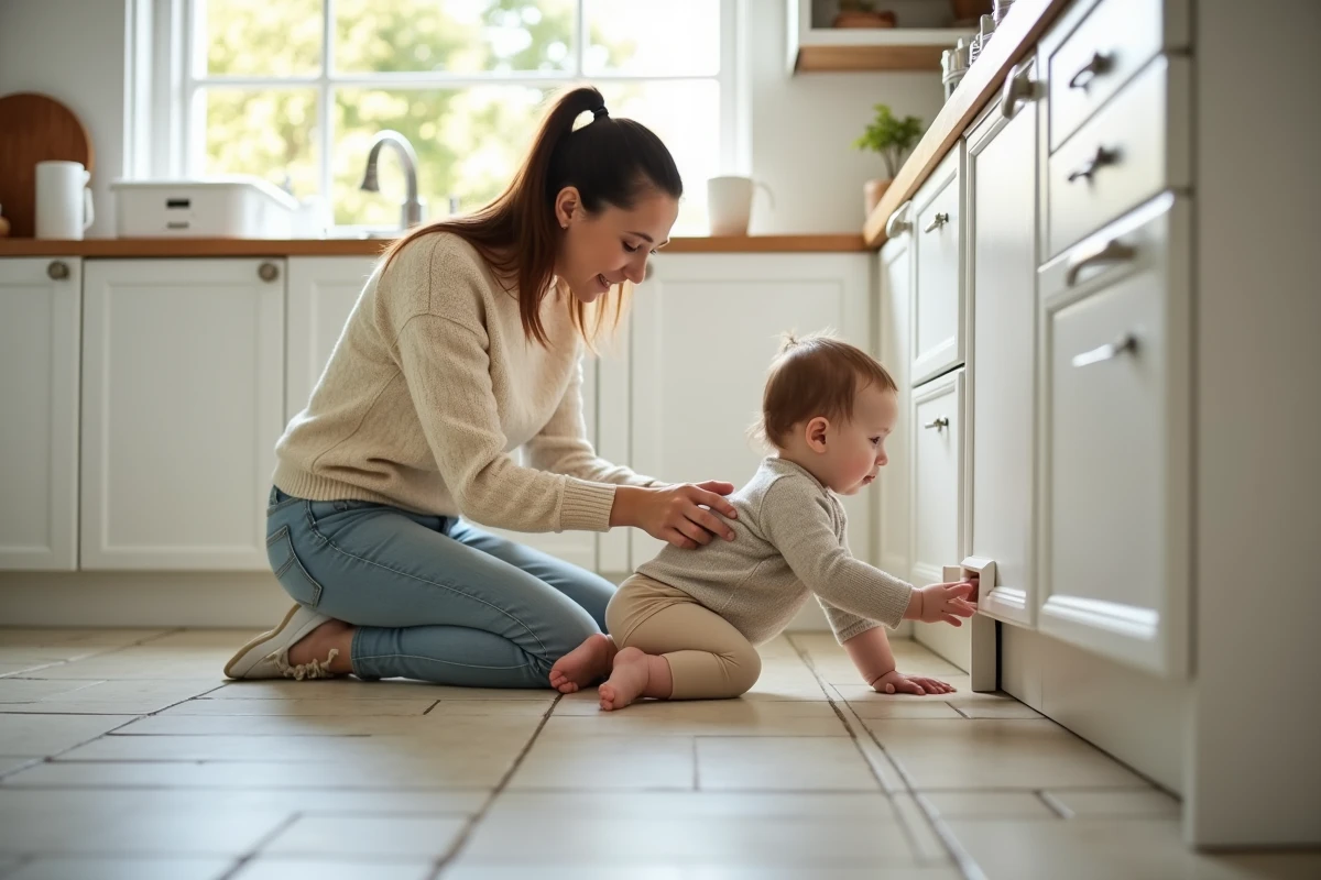 Maman sécurise un coin de cuisine avec son bébé