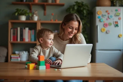 Maman souriante avec bébé jouant à côté dans un intérieur cosy