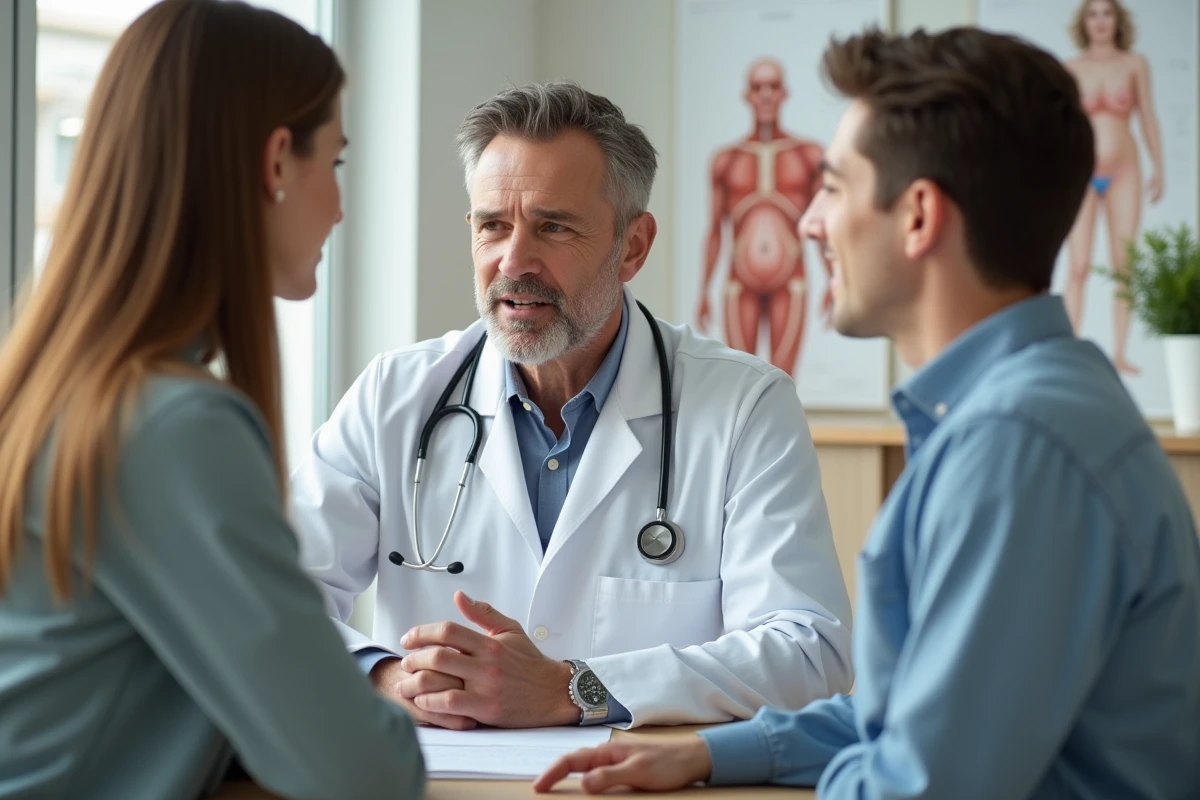 Medecin parlant avec un couple enceinte en consultation
