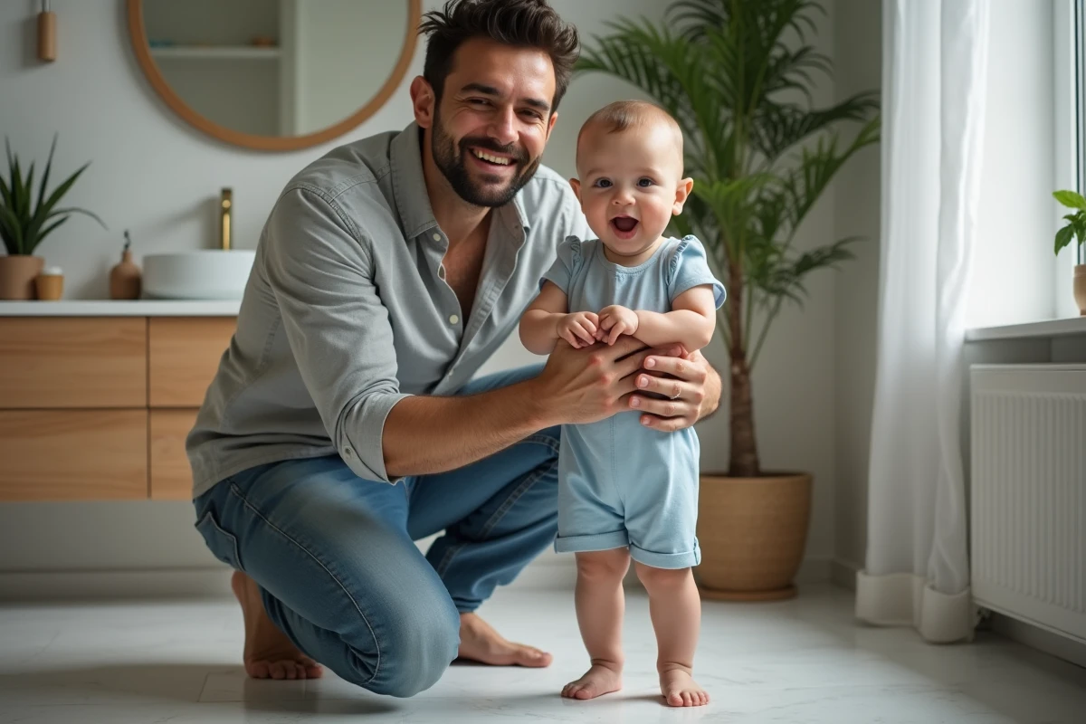 Pere et bebe lors du bain dans une salle de bain moderne