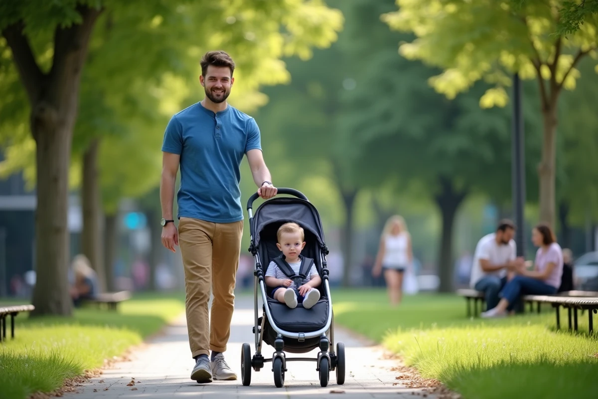 Père poussant la poussette avec son enfant dans le parc