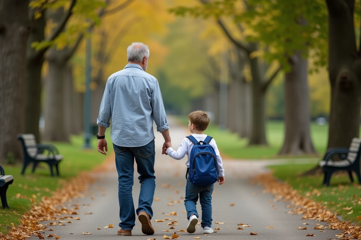 Père et fils se promènent dans un parc en automne