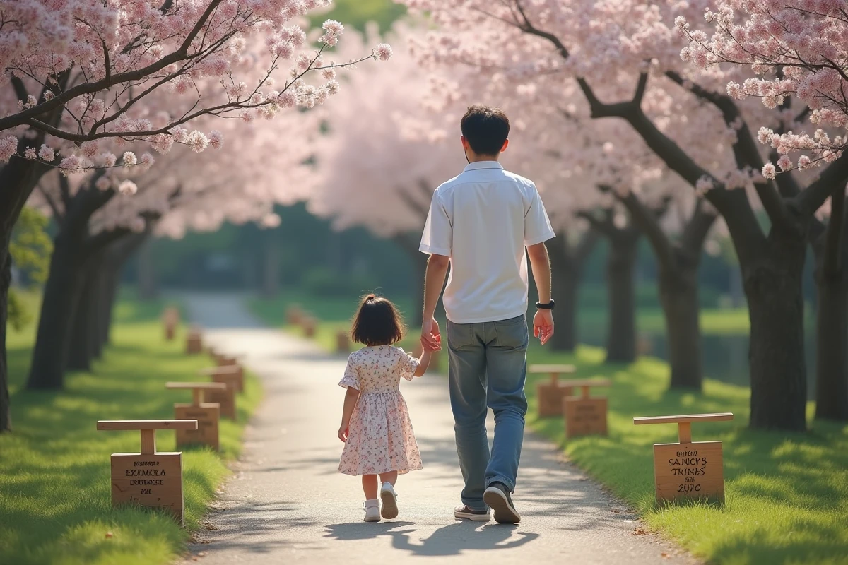 Père et fille se promenant dans un jardin japonais en fleurs