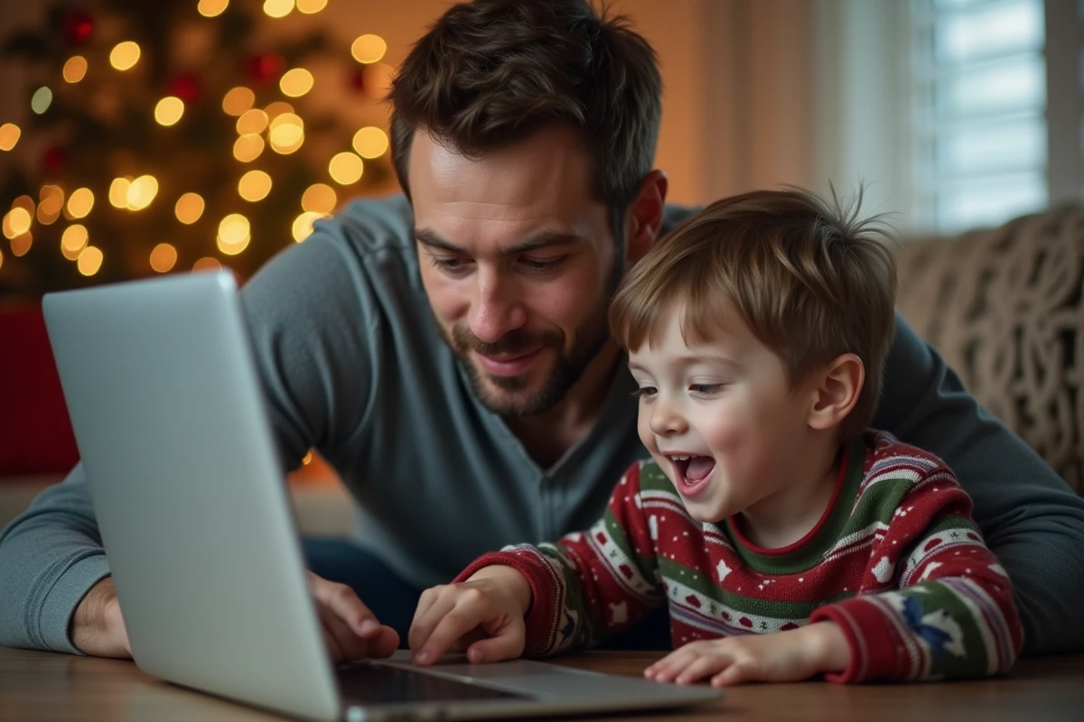 Père et fils choisissant ensemble un modèle de lettre au Père Noël sur ordinateur portable
