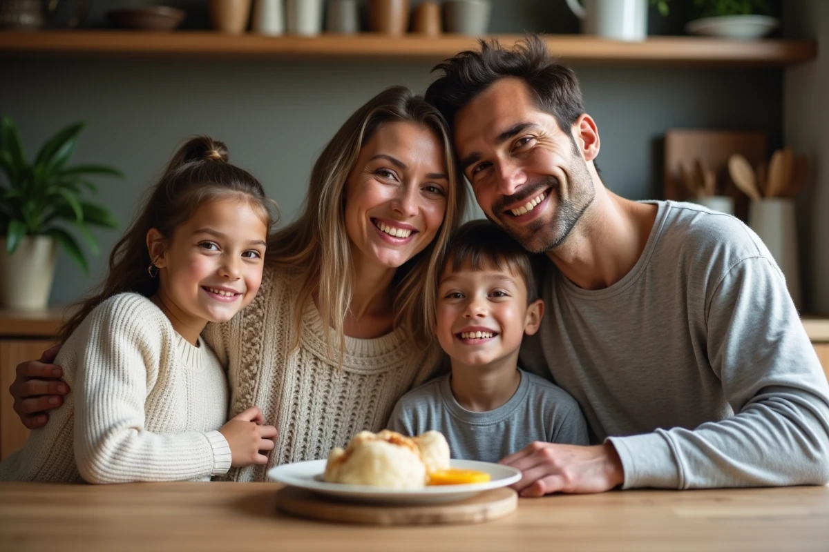 Portrait de famille souriante dans une cuisine chaleureuse