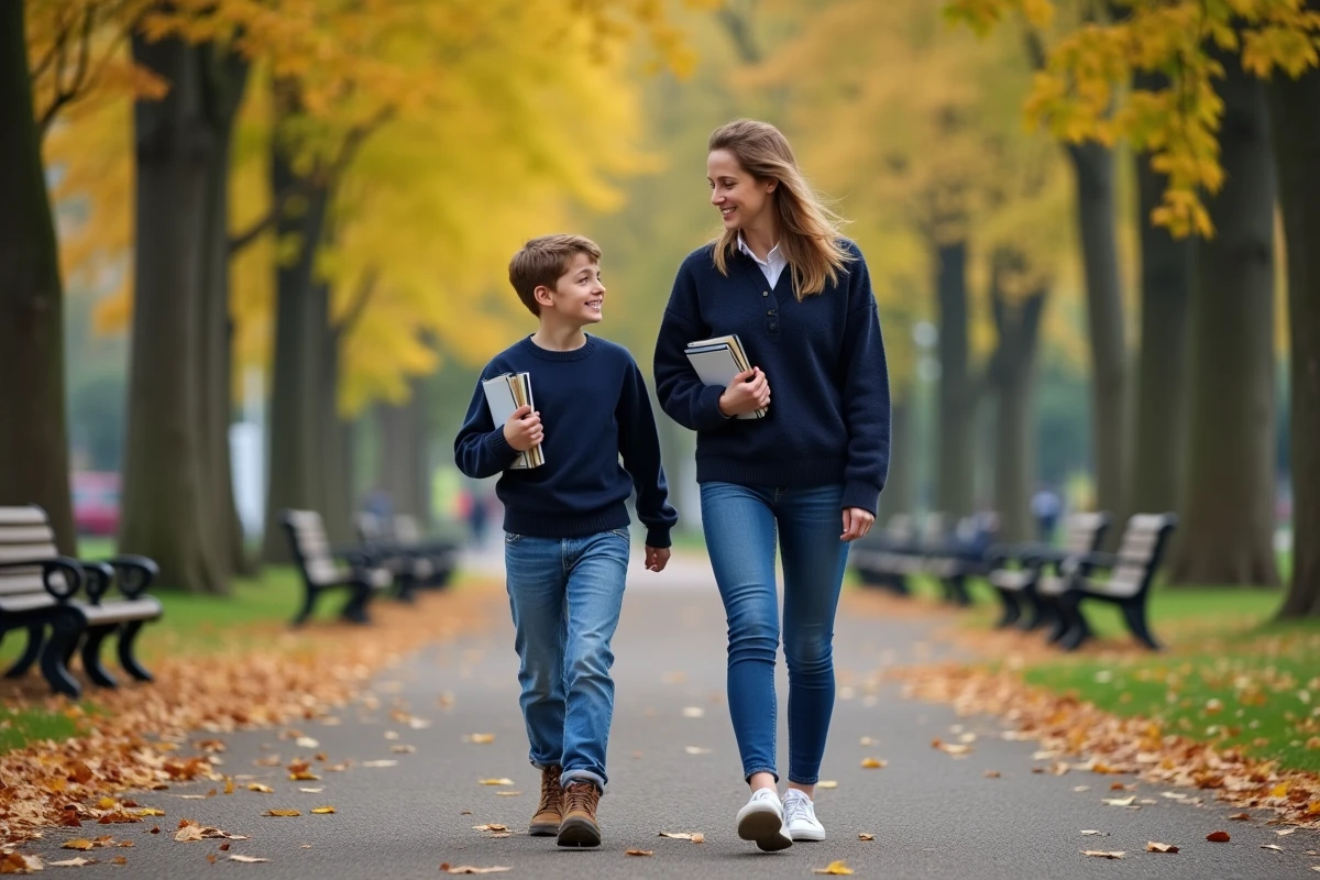 Femme et son filleul adolescent se promènent en automne dans un parc