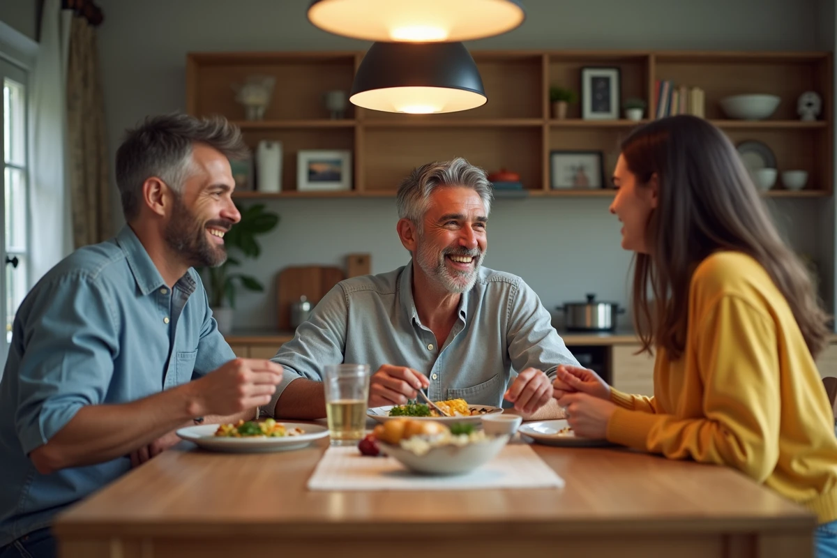 Famille partageant un repas dans une cuisine moderne