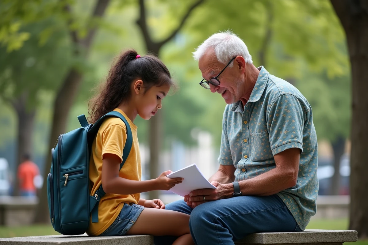 Jeune fille et grand-pere regardant un document dans un parc